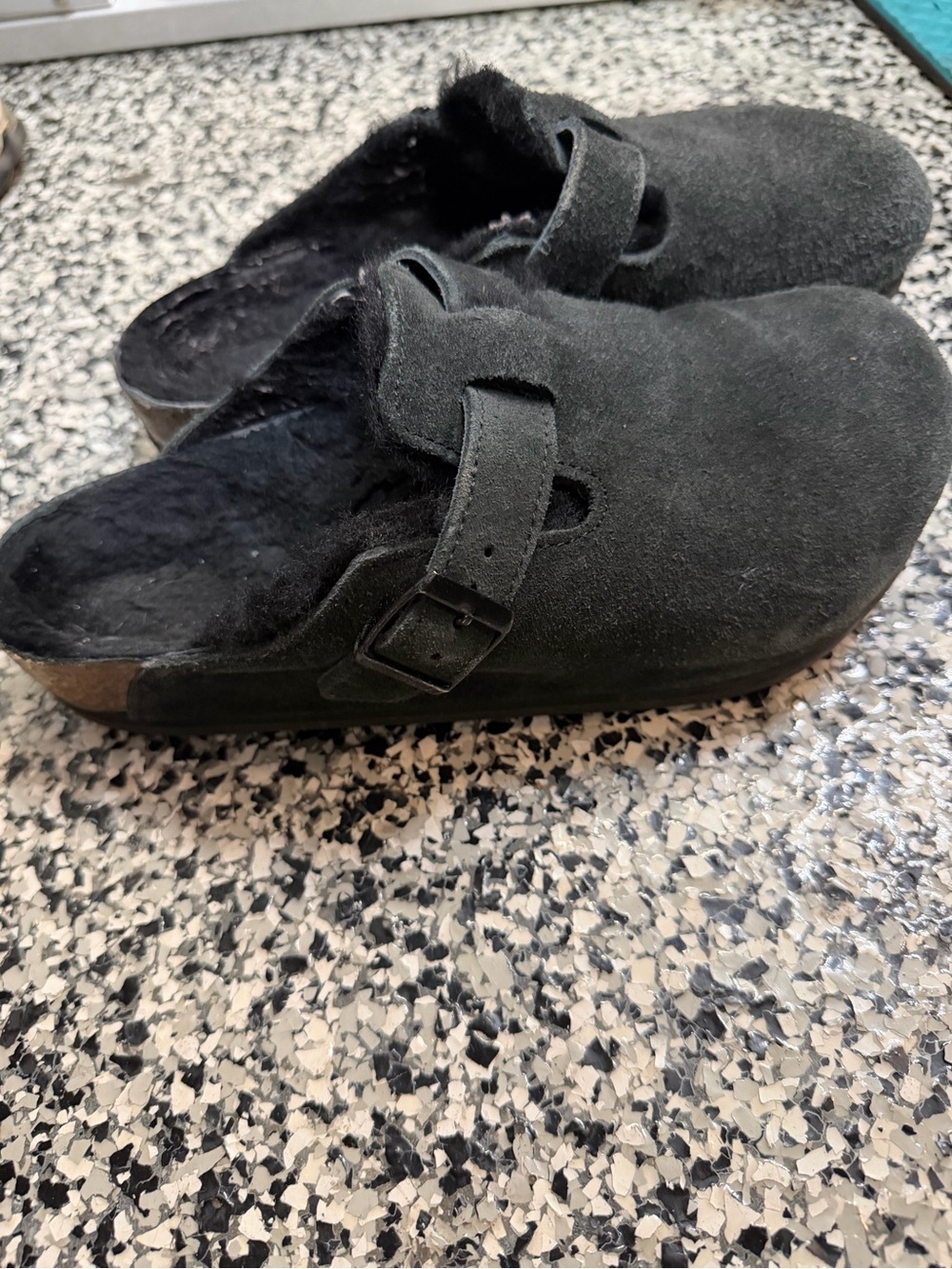 Birkenstock Black Suede Buckle Clogs